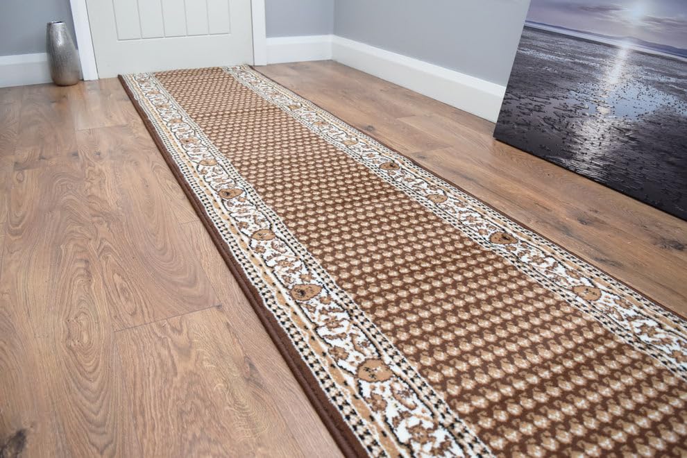 SrS Rugs® Luna Collection, Modern Long Carpet Runner Rug for Entrance Hall and Stairs. Smooth Soft 8mm Depth Pile. 70cm Wide (Border Traditional Brown, Length: 12' (366cm)) — image 1
