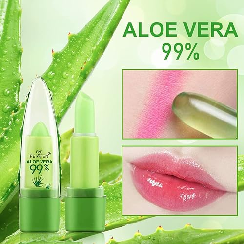 Miniatura 5 de Paquete de 2 lápices labiales de aloe vera, bálsamo labial nutritivo y regordete, bálsamo labial hidratante mágico que cambia de color, brillo de