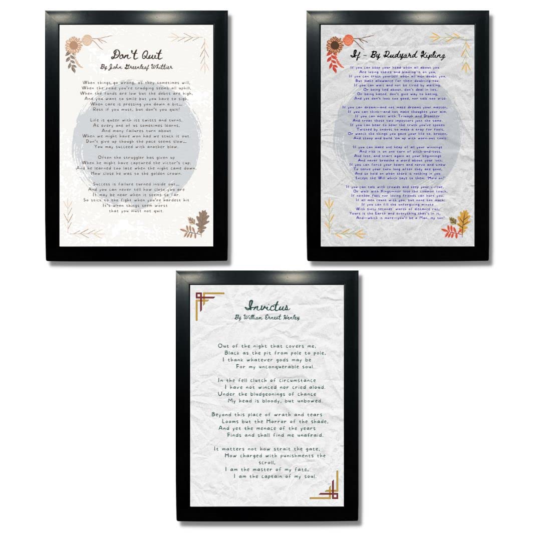 Kagaz Kala Wood - Set Of 3 Motivational Poems Framed - Invictus, Don'T Quit, If - Wall Posters Framed Quotes Wall Art Motivational Posters For Bedroom Living Room Decor Poetry Gifts Framed