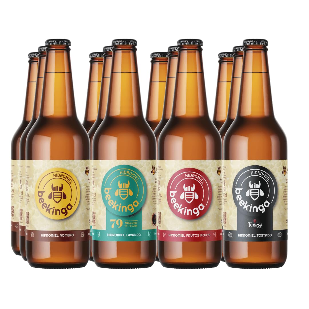 Beekinga Pack Degustación Hidromiel de 12 Botellines de 33cl con Hidromiel de Romero, Lavanda, Tostado y Frutos Rojos