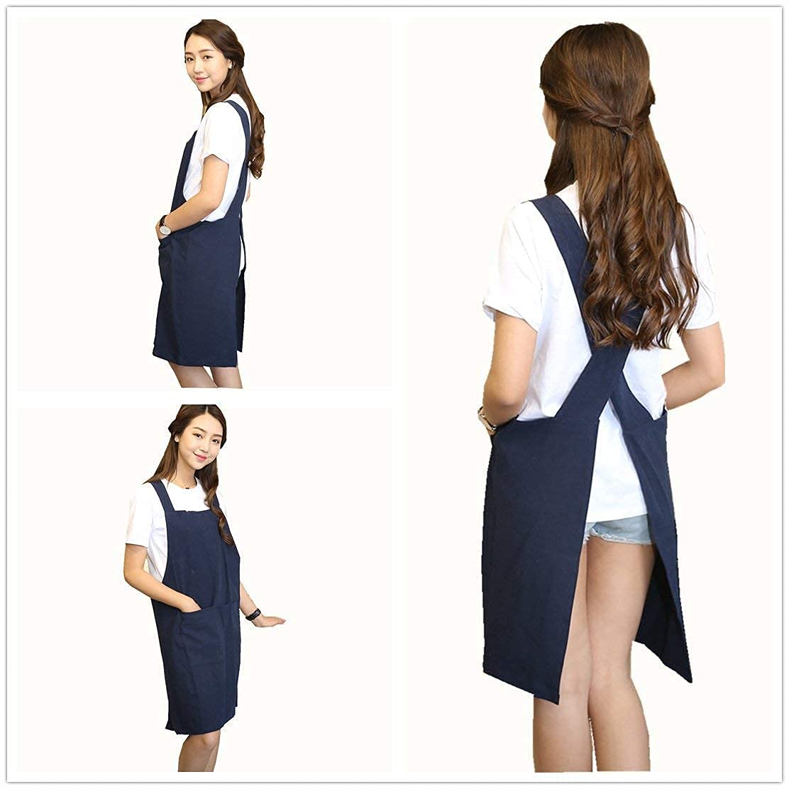 Japan Style Apron with Double Front Pockets,X Cross Bandage Bib Aprons(Blue)