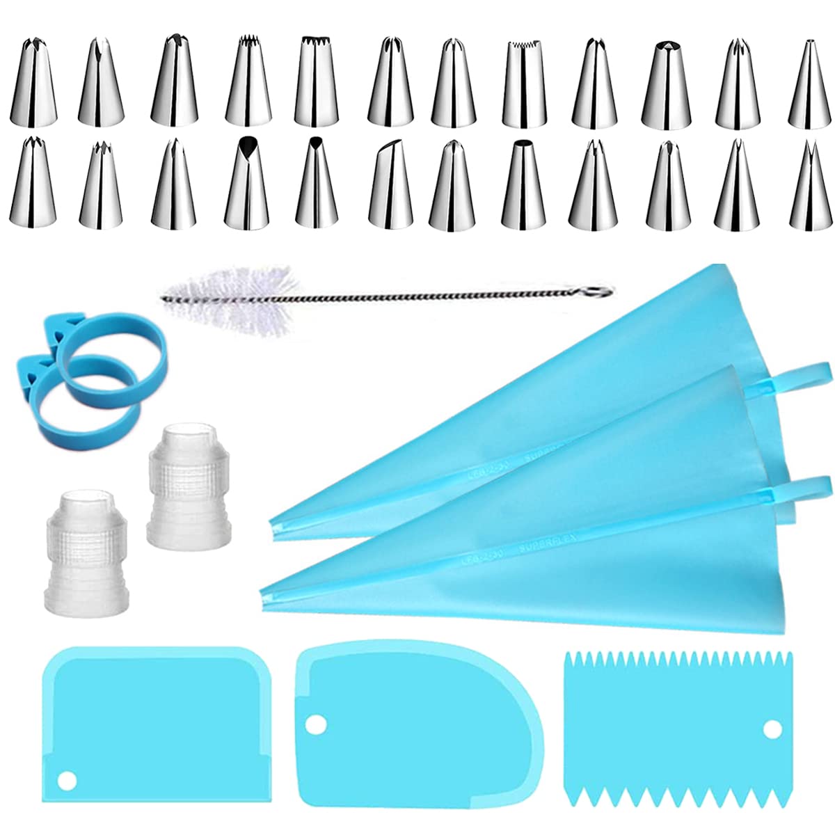 Piping Bags and Tips Set, 34Pcs Bake Cake Decorating Kit with 24 Stainless Steel Tips, 2 Reusable Silicone Pastry Bags, 3 Icing Smoother, 2 Couplers, 2 Frosting Bags Ties and 1Pipe Brush (Blue)