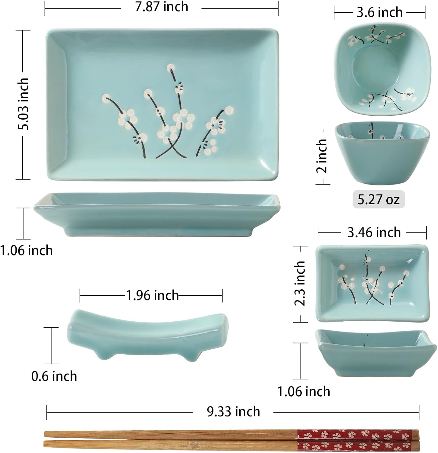 10 pcs Japanese Sushi Plate Sets Serving Platters and Trays for Entertaining Sushi Dishes Set Plates Sushi Plates Traditional Cuisine Dinnerware Sets with Chopsticks Blue Plum