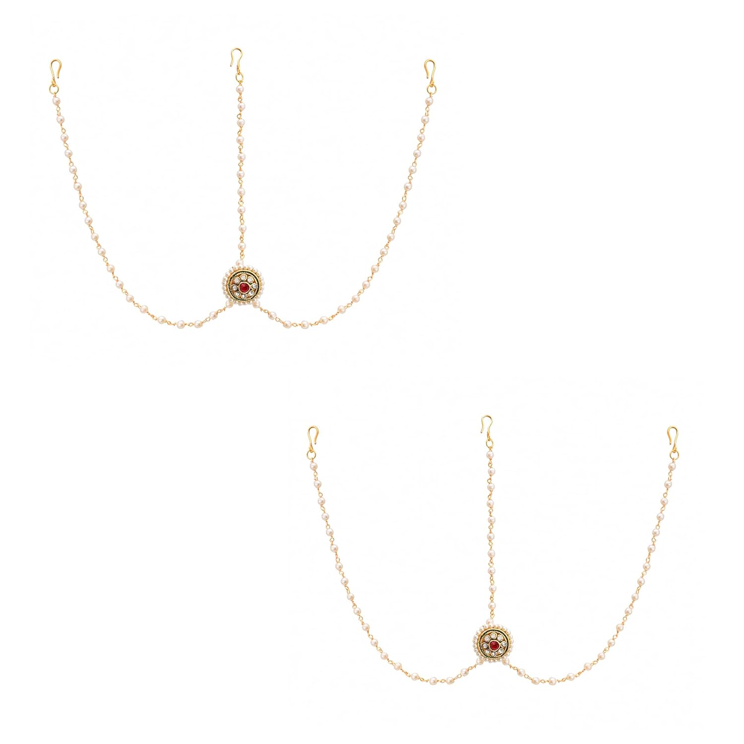 Payal Jewellers Gold Plated BOR Maang Tikka | Matha Patti | Kundan & Pearl Bor Tika With Red Kundan | Borla | Studded Head Chain for Women & Girls – Set of 2