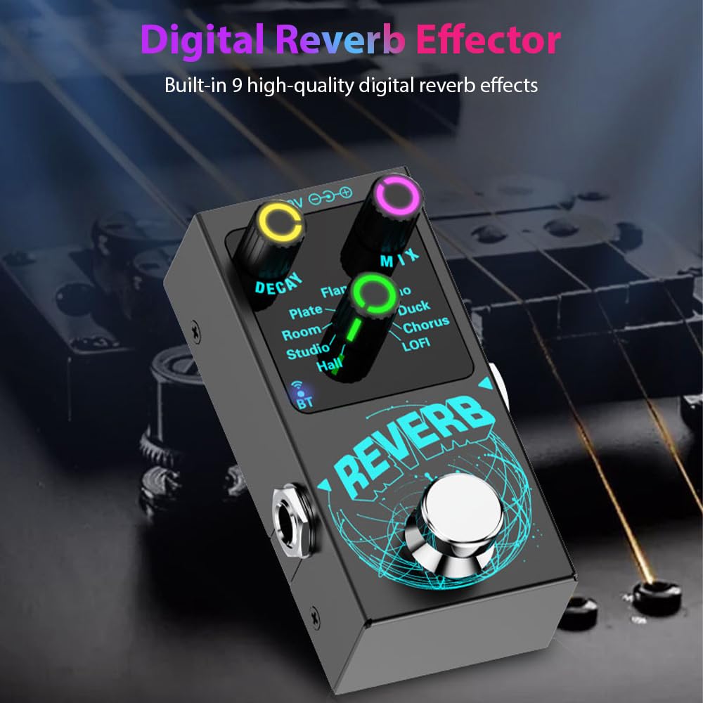 Reverb Effekte Pedal, 9 Arten Reverb, E-Gitarre Hall/Studio/Room/Plate/Echo/Flanger/Duck/Chorus/LOFI, DECAY/MIX, Tragbar, BT 5.4, USB, Metall