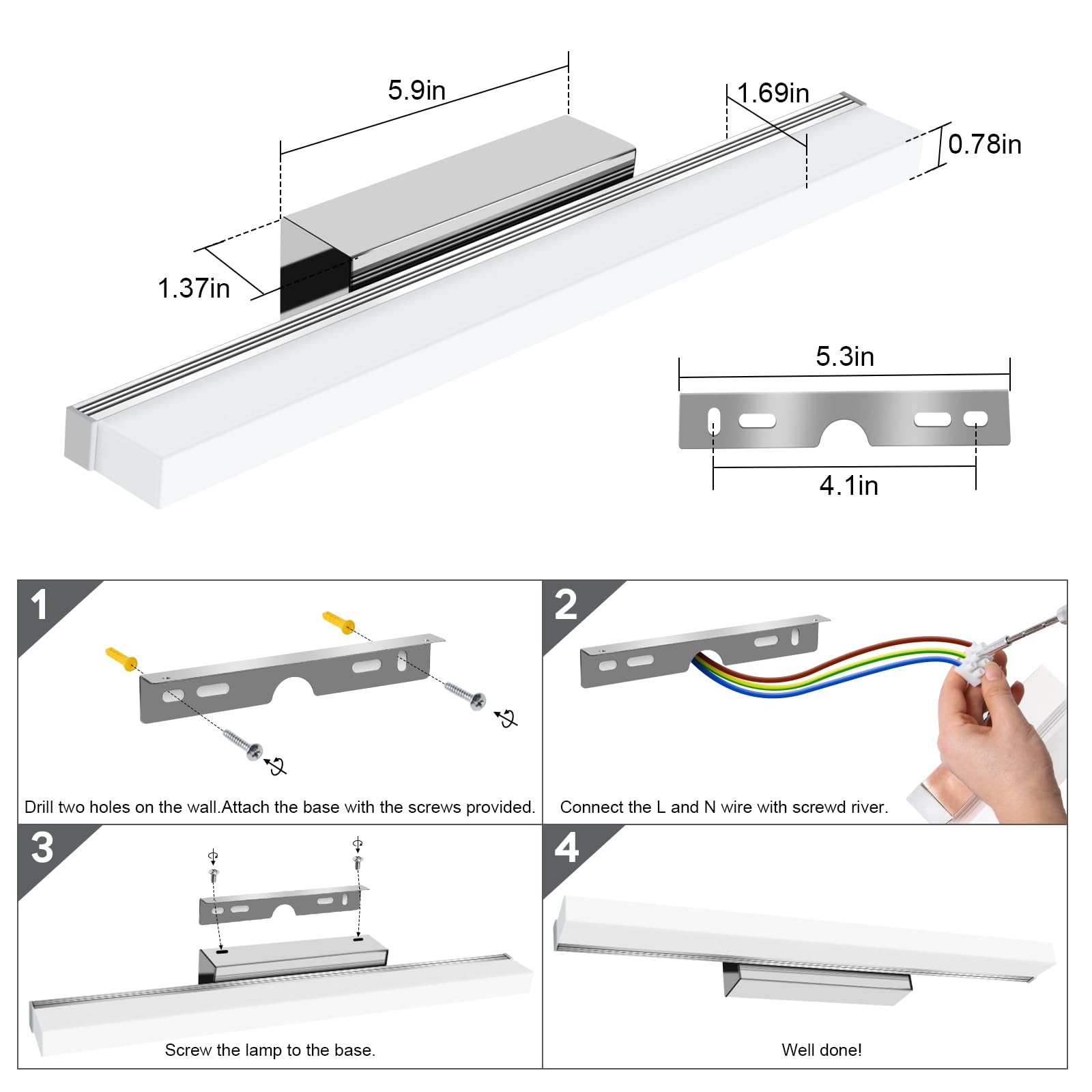 Kingwen Lámpara LED de Espejo 8W 40cm Lámpara de Baño, Blanco Frio 6500K Lámpara LED de Pared IP44 230V Luz de Espejo de Baño de