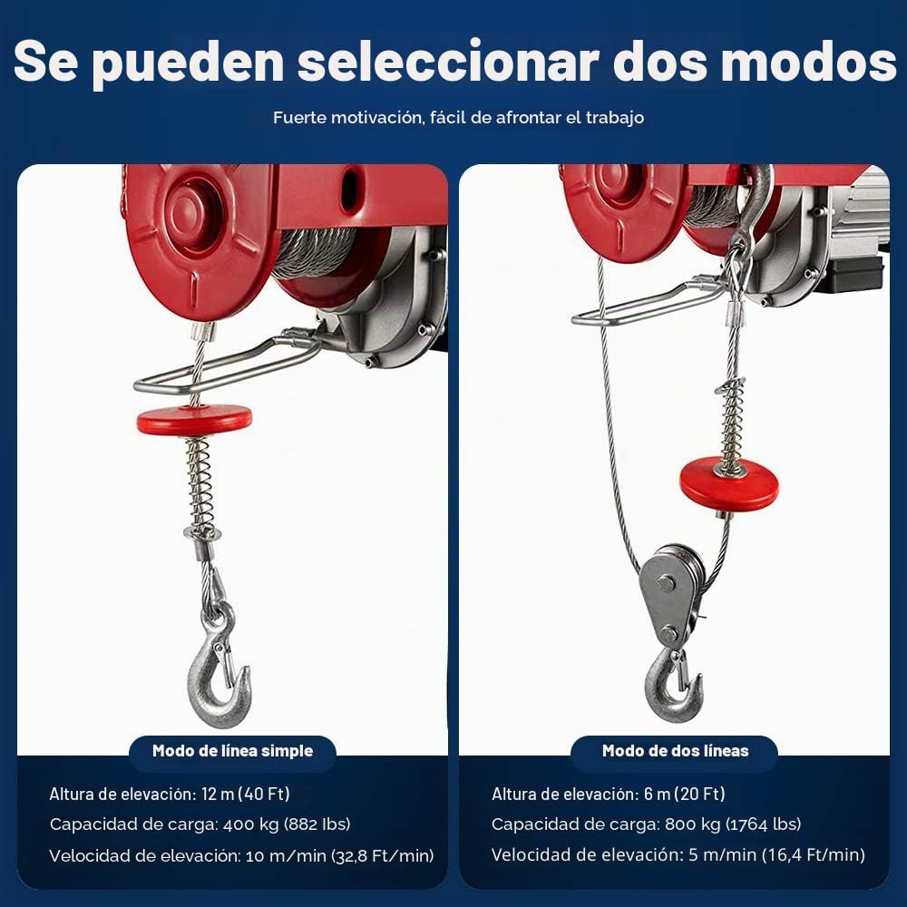 Anbull Cabrestante eléctrico PA800, Polipasto Eléctrico, de 400 kg hasta 800 kg, 220 V/1450 W, mando a distancia de 12 m
