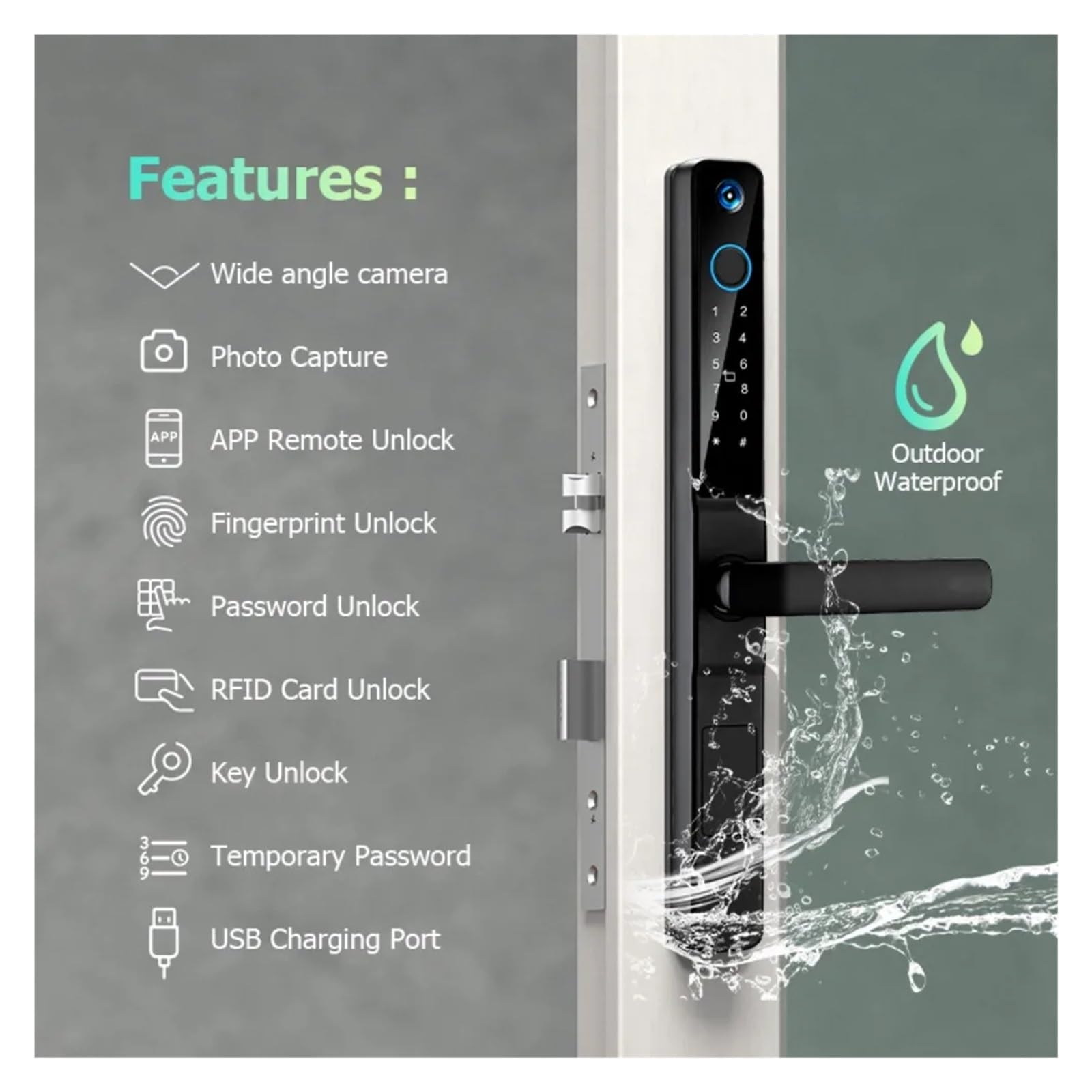 Smart Lock WiFi Tuya Impermeabile, con Fotocamera for Porta Scorrevole in Vetro in Alluminio con Impronta Digitale biometrica, Serratura Elettronica Esterna(Black 4585,Short Handle)