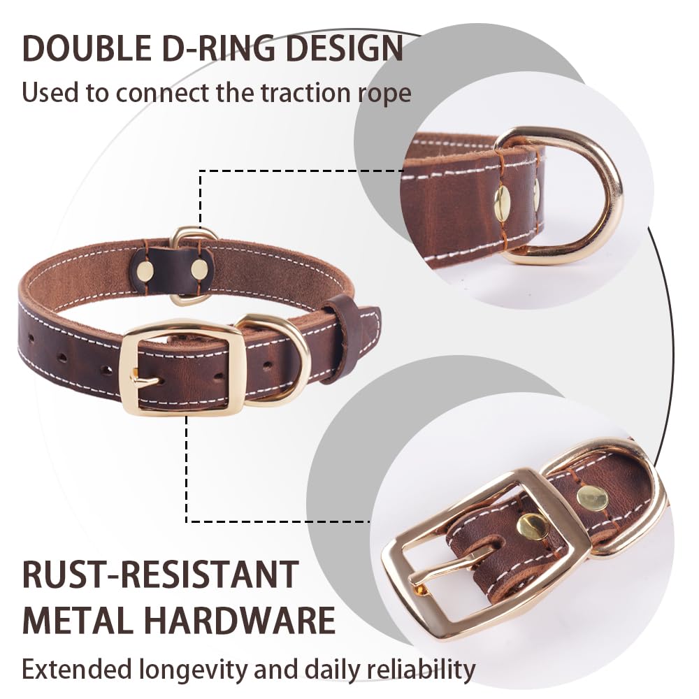 Heavy Duty Genuine Leather Dog Collar, Adjustable Brown Design, Soft and Strong with Metal Buckle and D-Ring for Small Medium - Image 4