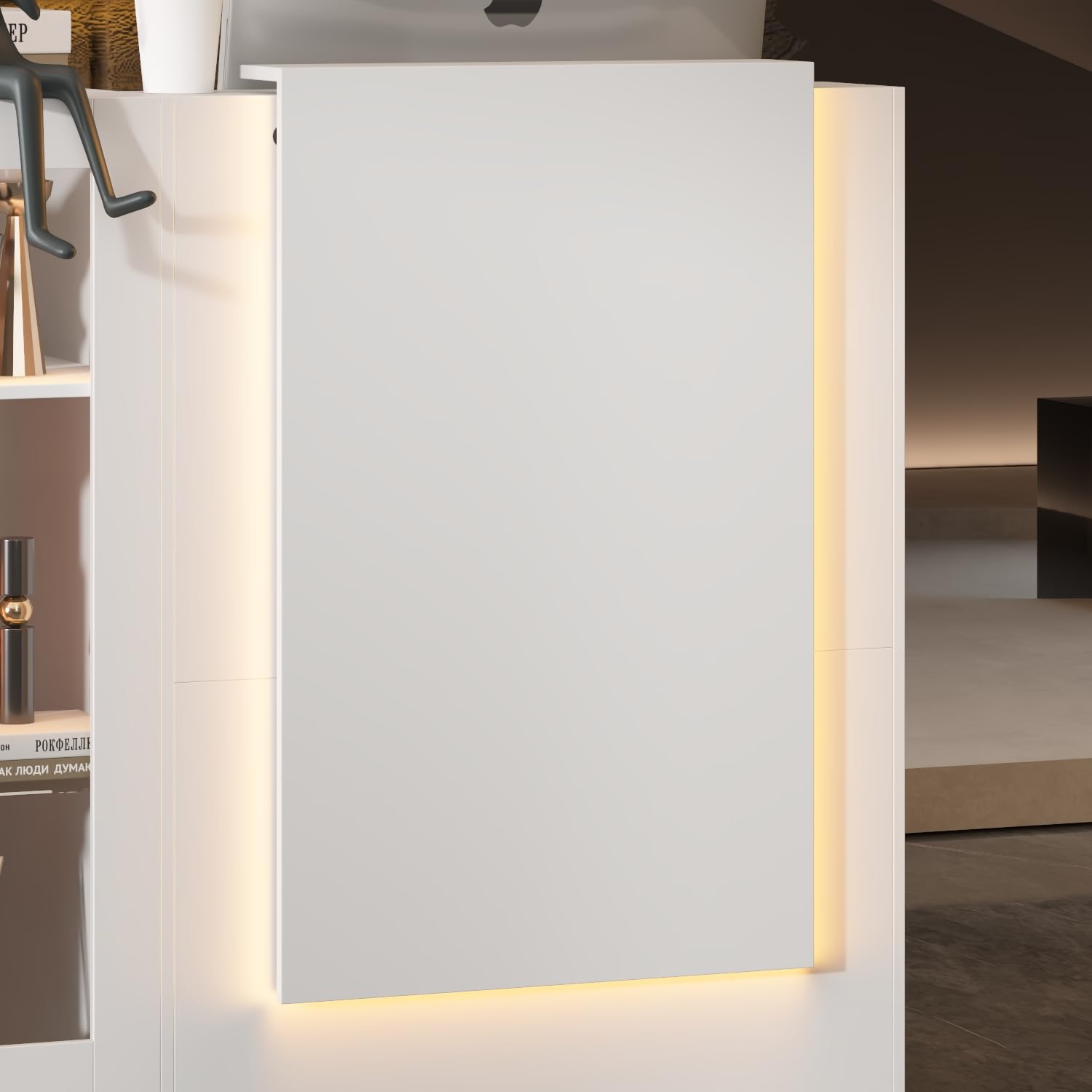 Tavolo di ricezione angolare con cassetto della tastiera, cassetta L con 3 luci colorate, bancone con vetrina in vetro, tavolo reception, bancone