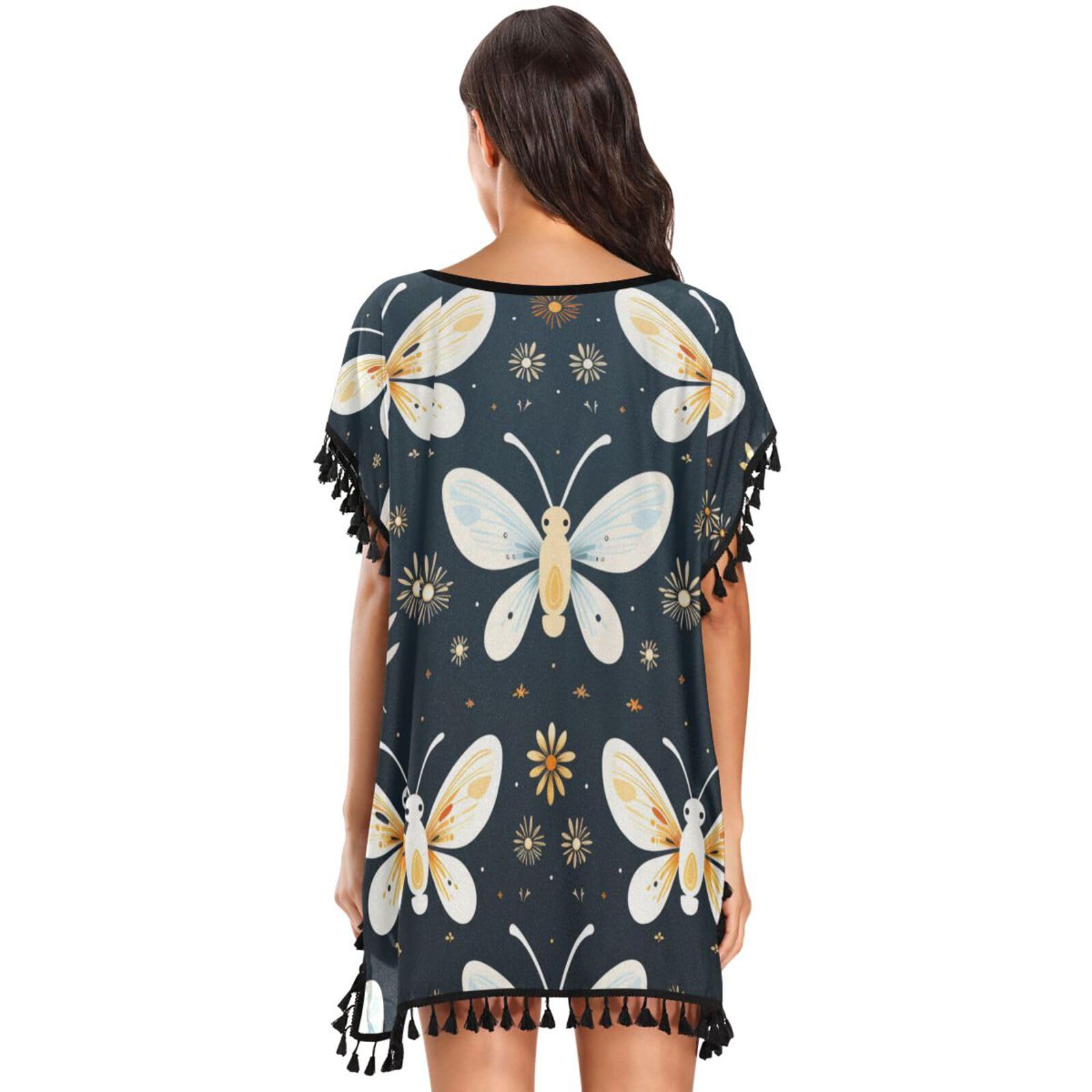 Repeating Pattern White Butterfly Women's Beach Cover Up Chiffon Tassel Swimwear Swimsuit Coverups for Girl