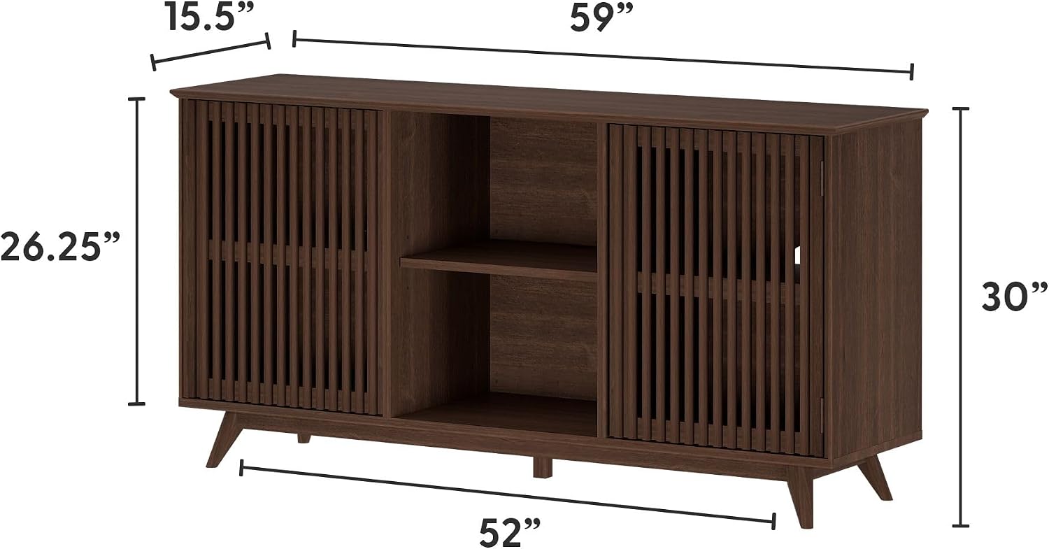 Plank+Beam Mid-Century Modern Wood TV Stand, Solid Wood Entertainment Console with Storage, 59" L x 16" W x 30" H, Walnut