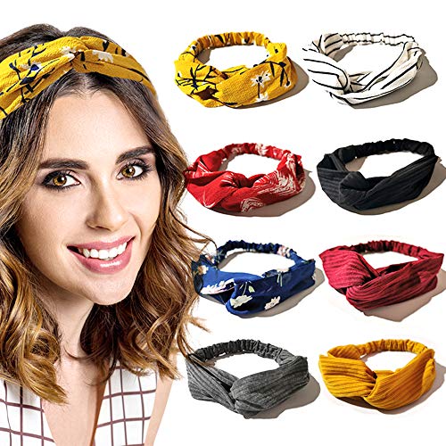 Headbands For Women , Headwrap Yoga ,Boho Style , Floral Vintage/Solid color Twisted Criss Cross Elastic Head Wrap Hair Accessories(Pack of 8)
