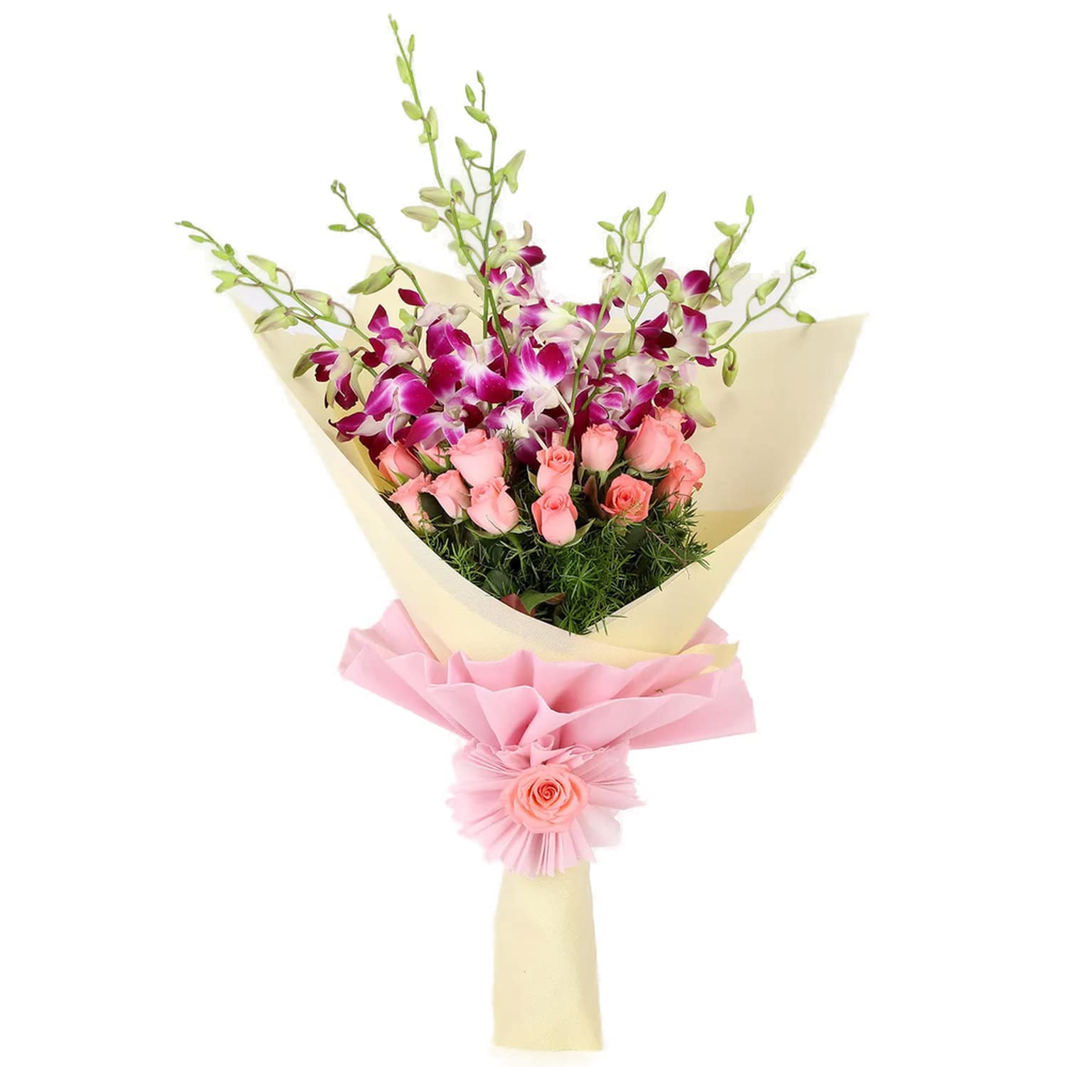 The FloralMart® Fresh Flowers Bunch of 15 Pink Roses & 08 Purple Orchids in Stylish Pink Paper Packing Hand Tied with Ribbons-image-6