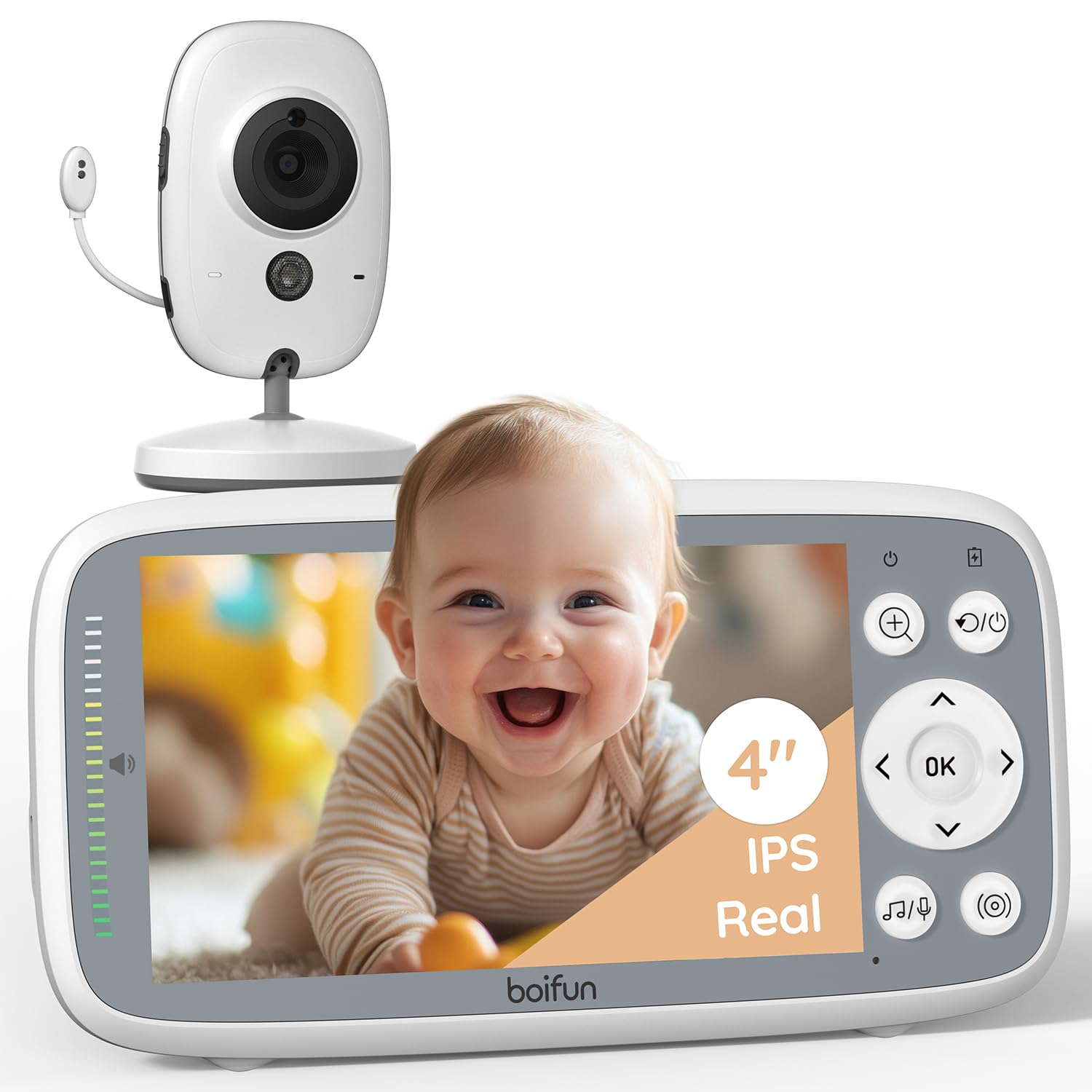 BOIFUN Camara Vigilancia Bebe Vigilabebes con Camara sin WiFi, Vision Nocturna Infrarouge Invisible, Pantalla 4" HD 720P, Intercomunicador Bebe, VOX, Sensor de Temperatura, Canciones de Cuna, Zoom 3X