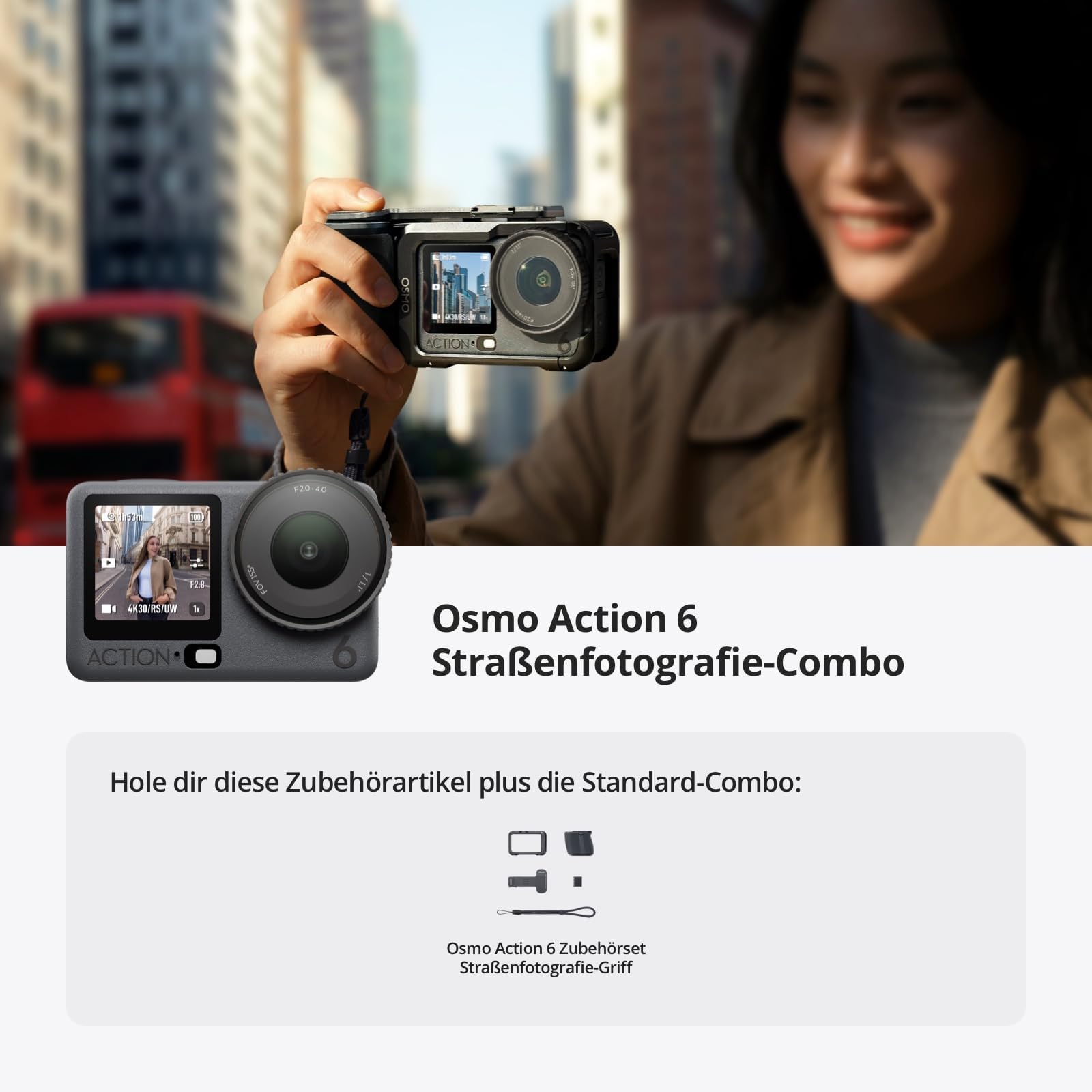 DJI Osmo Action 6 Straßenfotografie-Combo, Unterwasser-Action-Cam mit Handgriff und Zubehörschuh-Auslöseknopf, Action-Cam 4K mit 1/1,1″-Quadratsensor, Variable Blende von f/2,0-f/4,0, 4 Std. Akku