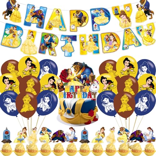 Princess Belle Party Decorations Beauty and Beast Birthday Party Supplies Includes Banner- Cake Topper - 24 Cupcake Toppers - 18 Balloons