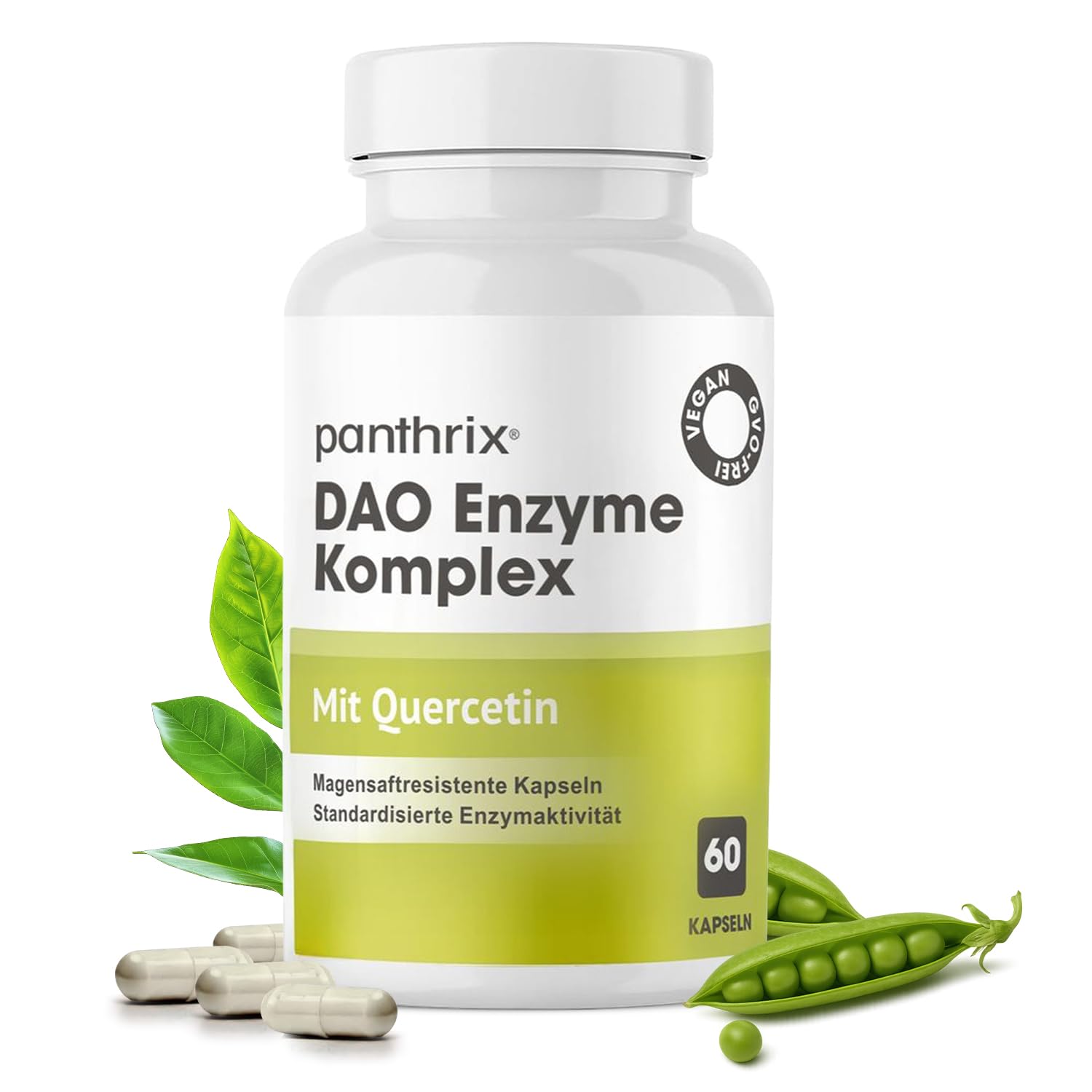 Cápsulas de Enzima DAO Veganas con Quercetina | 60 Cápsulas Gastrorresistentes de Brotes de Guisante | Alta Tolerabilidad y Liberación Dirigida en el Intestino | Actividad DAO Equilibrada