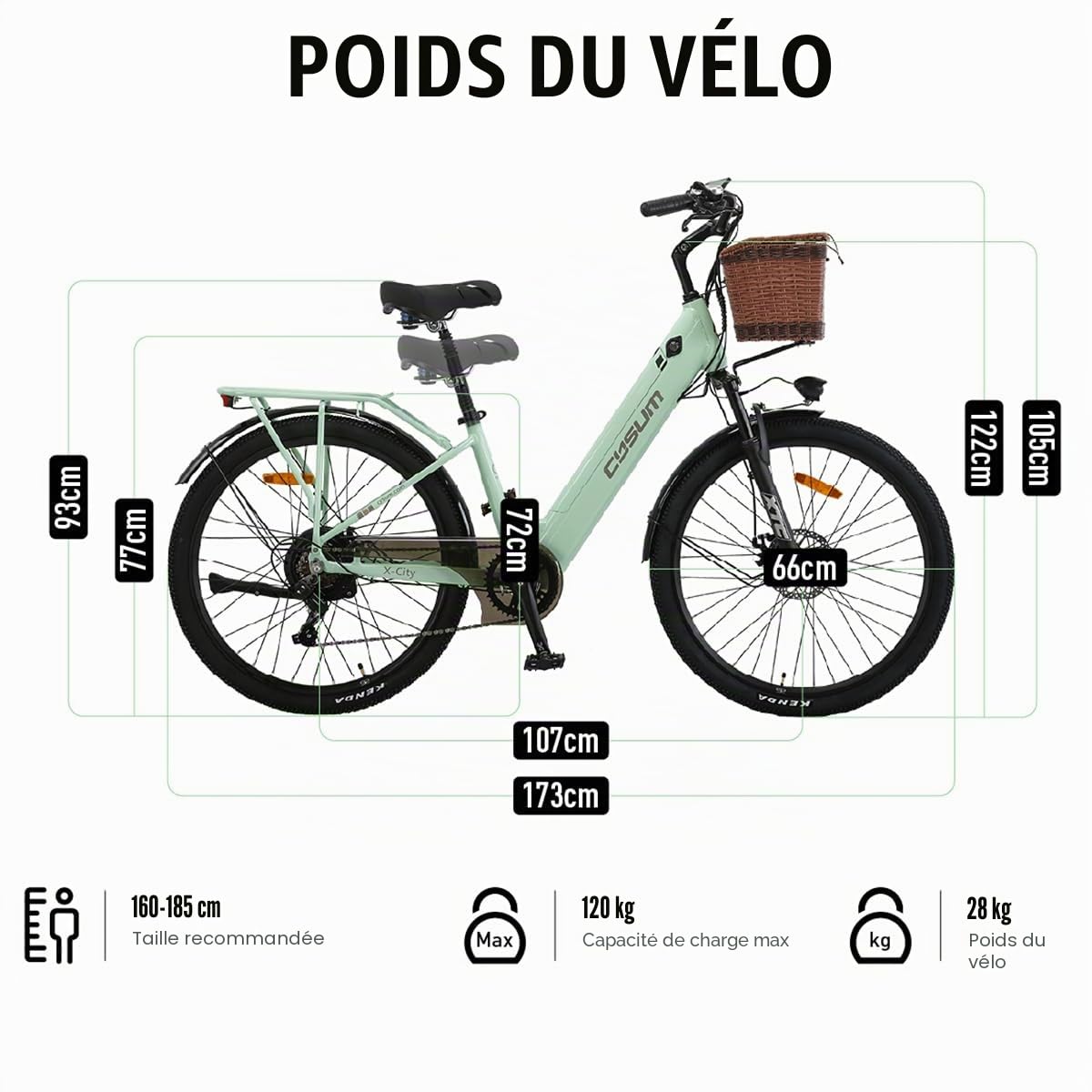 cysum X-City 26" Vélo électrique pour adultes, vélo électrique pour femme, batterie amovible de 48 V 10,4 Ah, autonomie de 25 km/h et 80 km, Urban Commuter E-Bike, Step-Thru