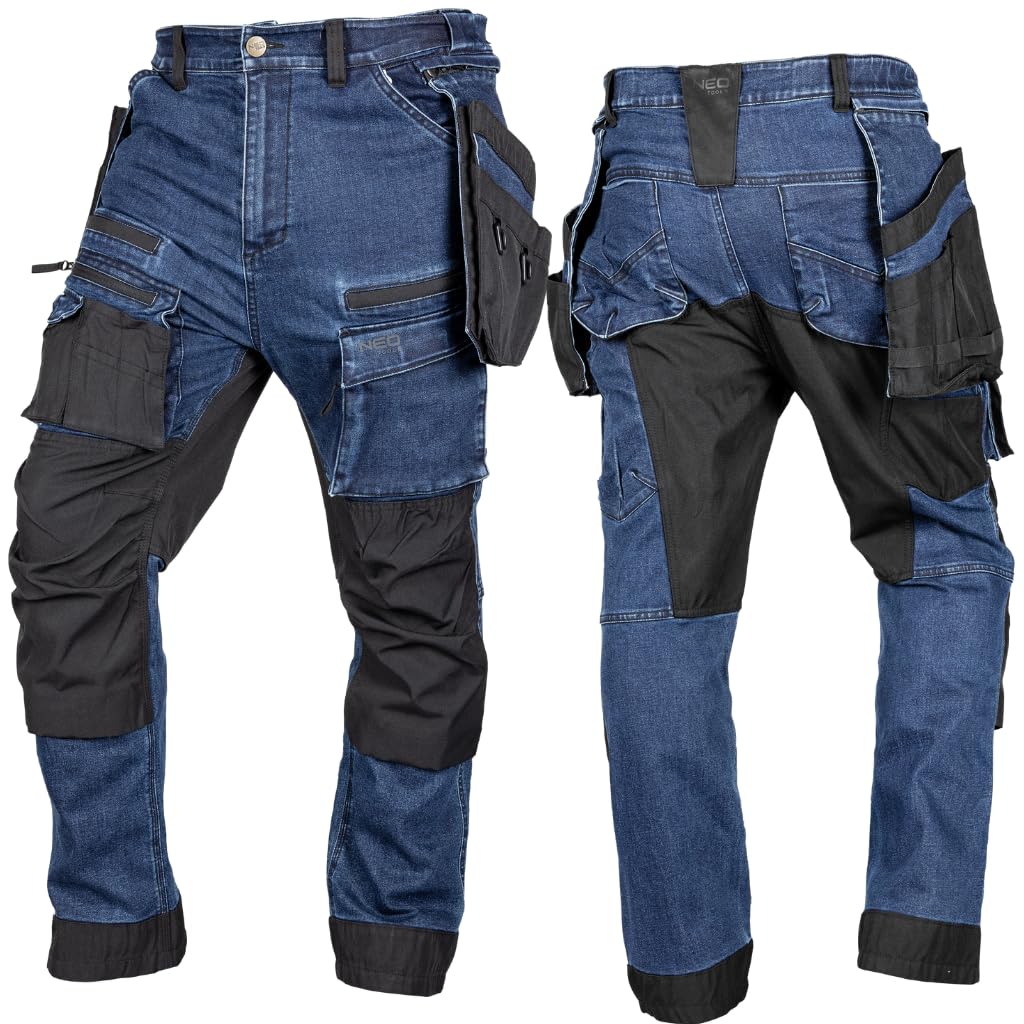 NEO TOOLS Pantalones de trabajo resistentes para hombre, de tela vaquera, 400 g/m², con bolsillos acolchados en las rodillas, refuerzos de cordura y porcentaje elástico