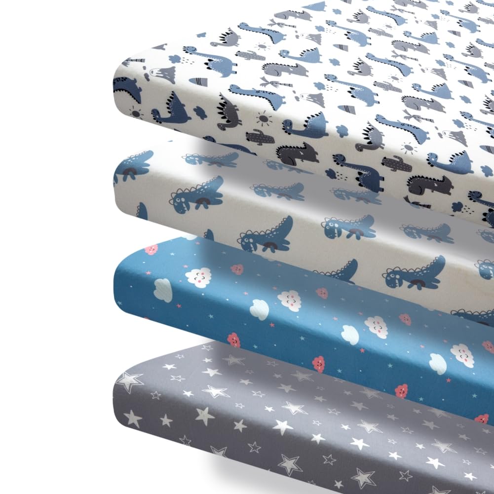 Paquete de 4 sábanas suaves para bebé niño, dinosaurio, estrella, nube, suave, poliéster, neutro, unisex, juego de sábanas bajeras para bebés y niños