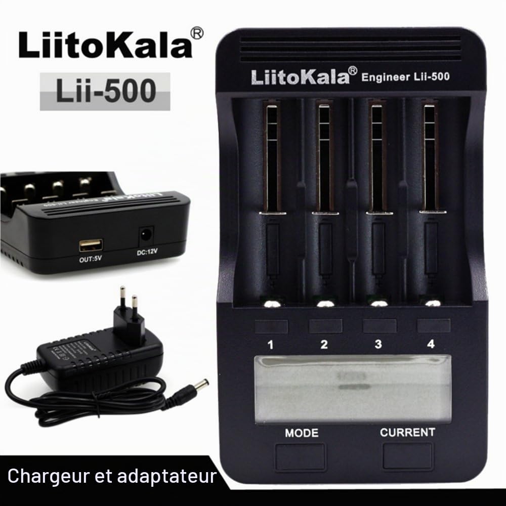 LiitoKala Lii-500 4 Intelligent Intelligent Chargeur de Batterie Kit avec Adaptateur EU pour 3.7V Li-ION / 1.2V Ni-MH Cylindrique 18650/26650/14500/21700 / AA/AAA Rechargeable Batterie