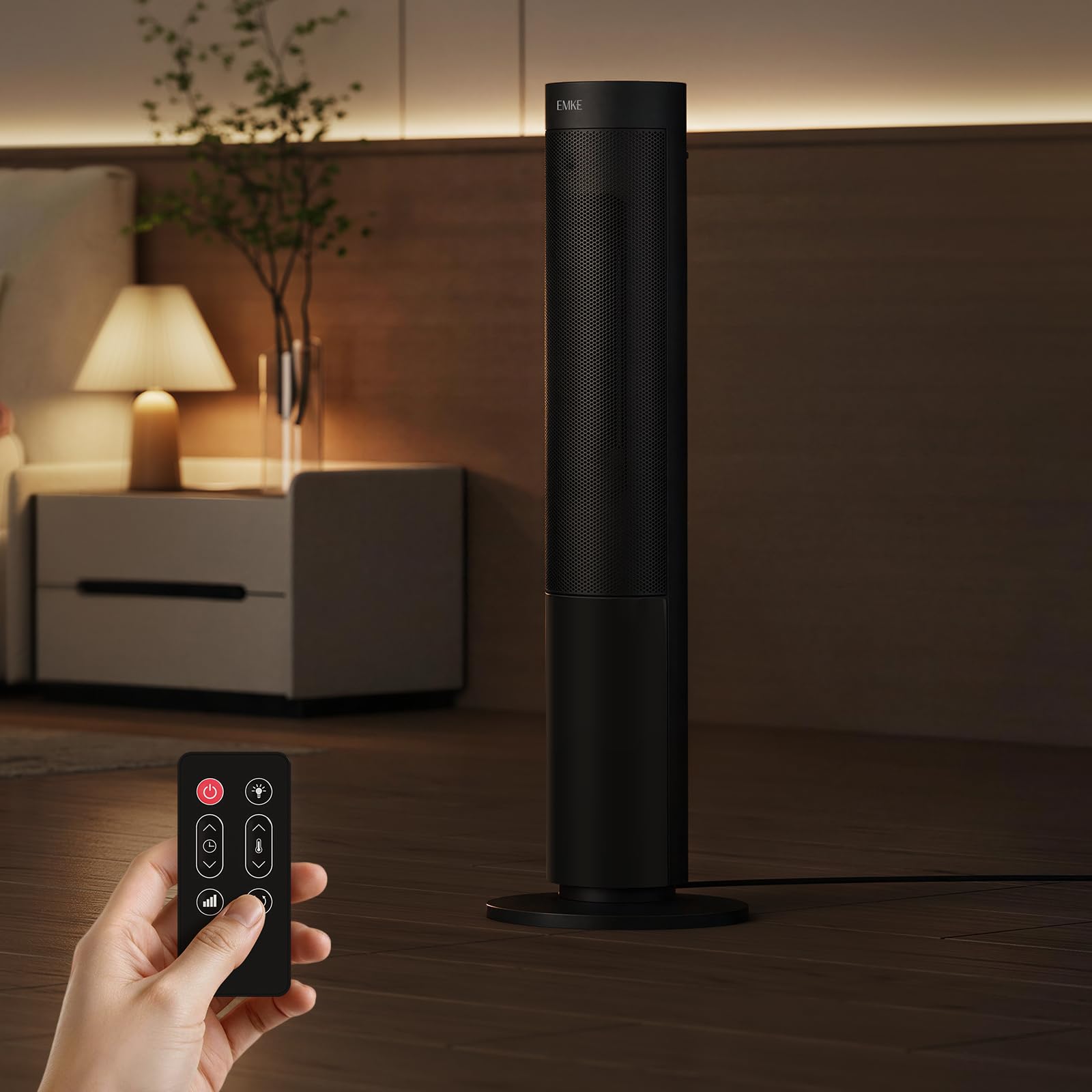 EMKE Estufa de Torre PTC 2000 W con Efecto Llama, 20 m², 83 cm, Negro