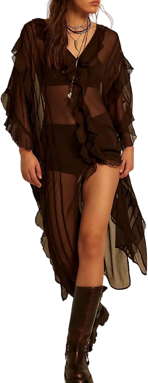 NUFIWI Women Frill Sheer Kimono Half Sleeve Ruffle Top See Through Flowy Blouse Shirt Side Split Long Chiffon Cardigans