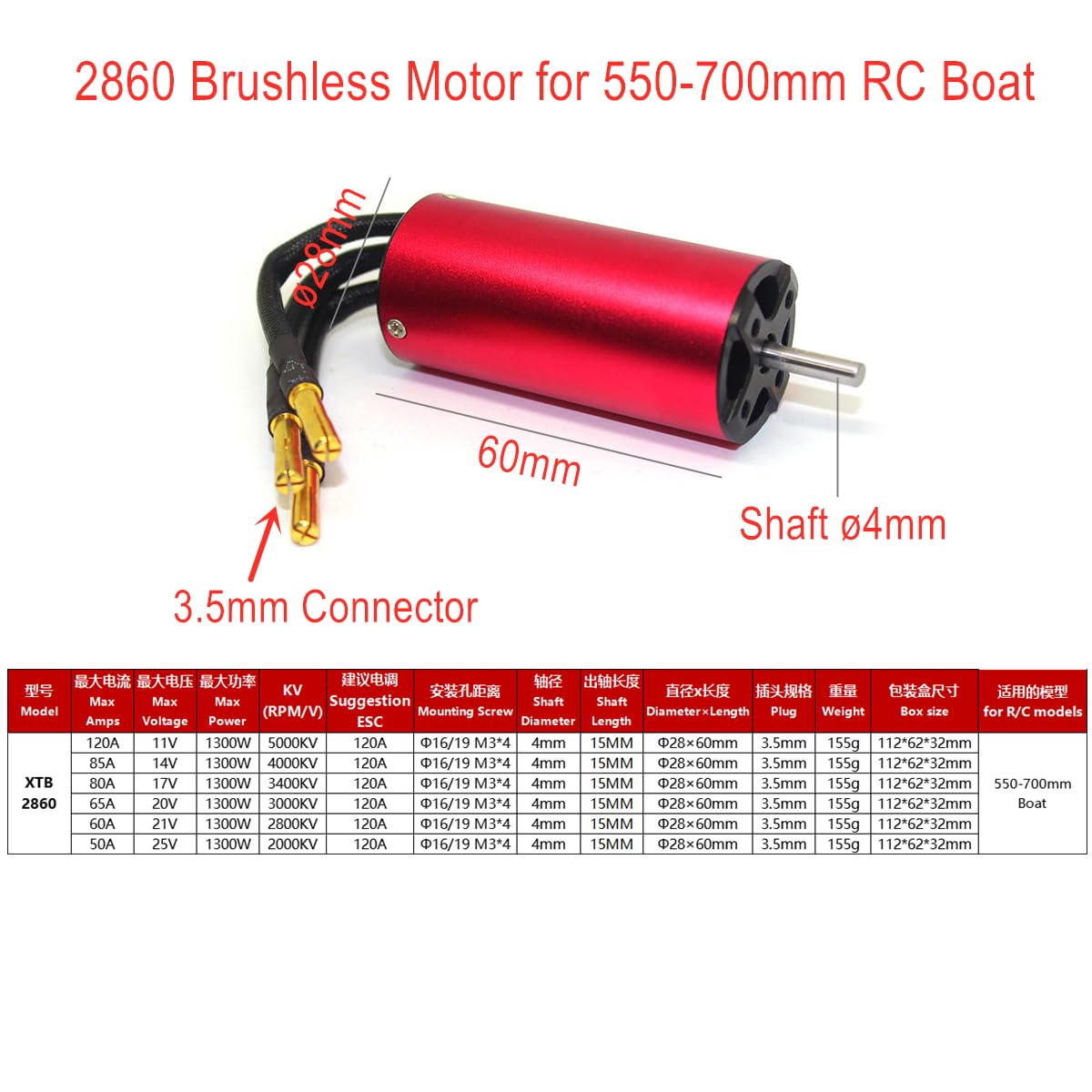 Silnik bezszczotkowy 2860 2000/2800/3000/3400/4000/5000KV do łodzi RC 550-700 mm (3000KV)