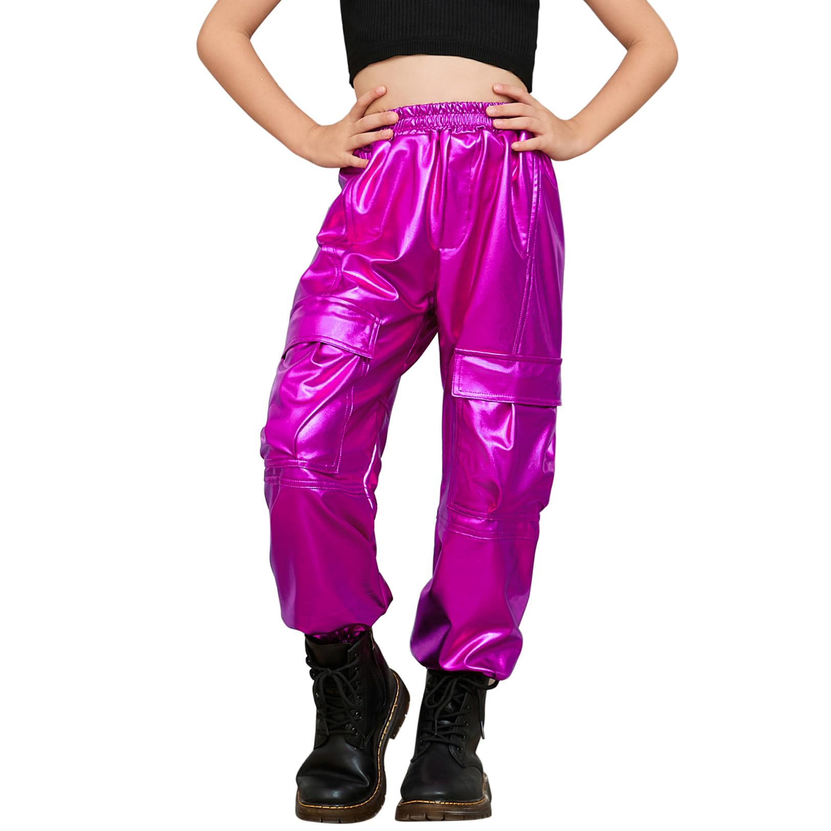 Perfashion Metallic Cargo Pants for Girls &amp; Womens Hip Hop Dance Multi-Pocket Joggers High Waist Pants 6-15Y
