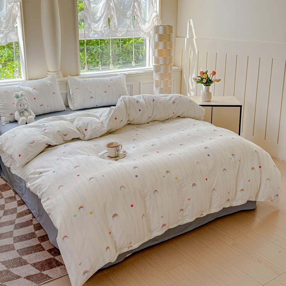 BlueBlue Rainbow Duvet Cover Set Queen 100% Cotton Soft Lightweight Gauze Bedding Rainbow Cloud Hearts Print on White 1 Cute Cartoon Full Comforter Cover 2 Pillow Shams, Queen