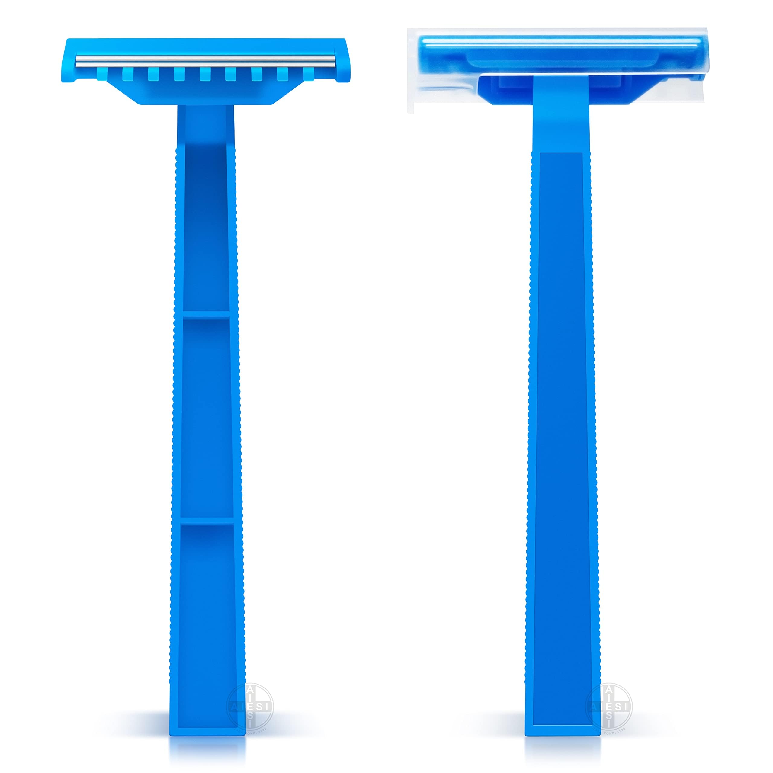 AIESI® Rasoi monouso per tricotomia bilama (100 pezzi) in acciaio inox con pettine e cappuccio di protezione