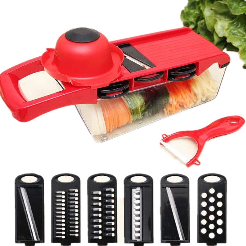 Kitchen Multi-Function Food Slicer, Manual Grater, Vegetable Cutter Chopper, Fruit and Cheese Slicer, 6 Interchangeable Blades with Peeler, Food Storage Container