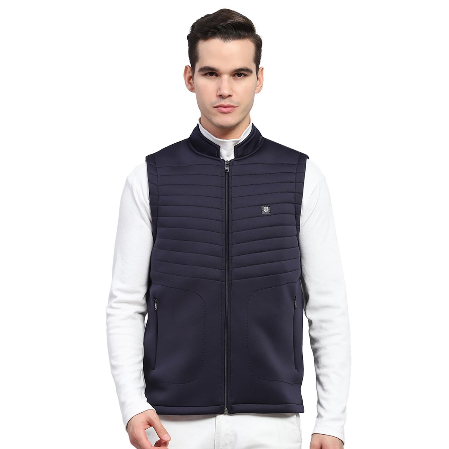 Mens Grey Self Design Mock Neck Sleeveless Jacket-image-17