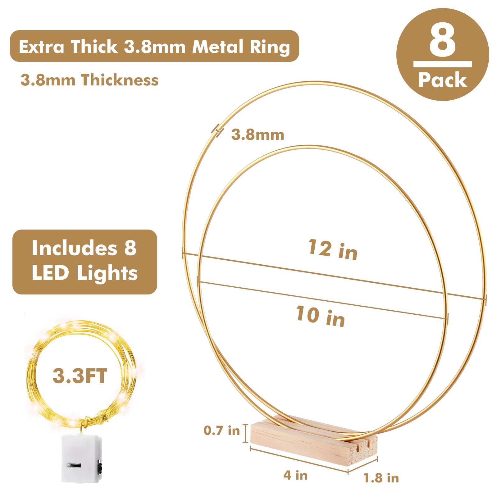 Paquete de 8 aros florales con soporte, anillos de metal de 10 y 12 pulgadas para decoración de mesa de bricolaje, manualidades, anillos de macramé, aro, corona, atrapasueños, coronas de boda, coronas