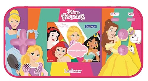 Lexibook Disney Princess Cinderella Ariel Rapunzel Compact Cyber Arcade - Consola de juegos portátil, 150 juegos, pantalla LCD a color, funciona con