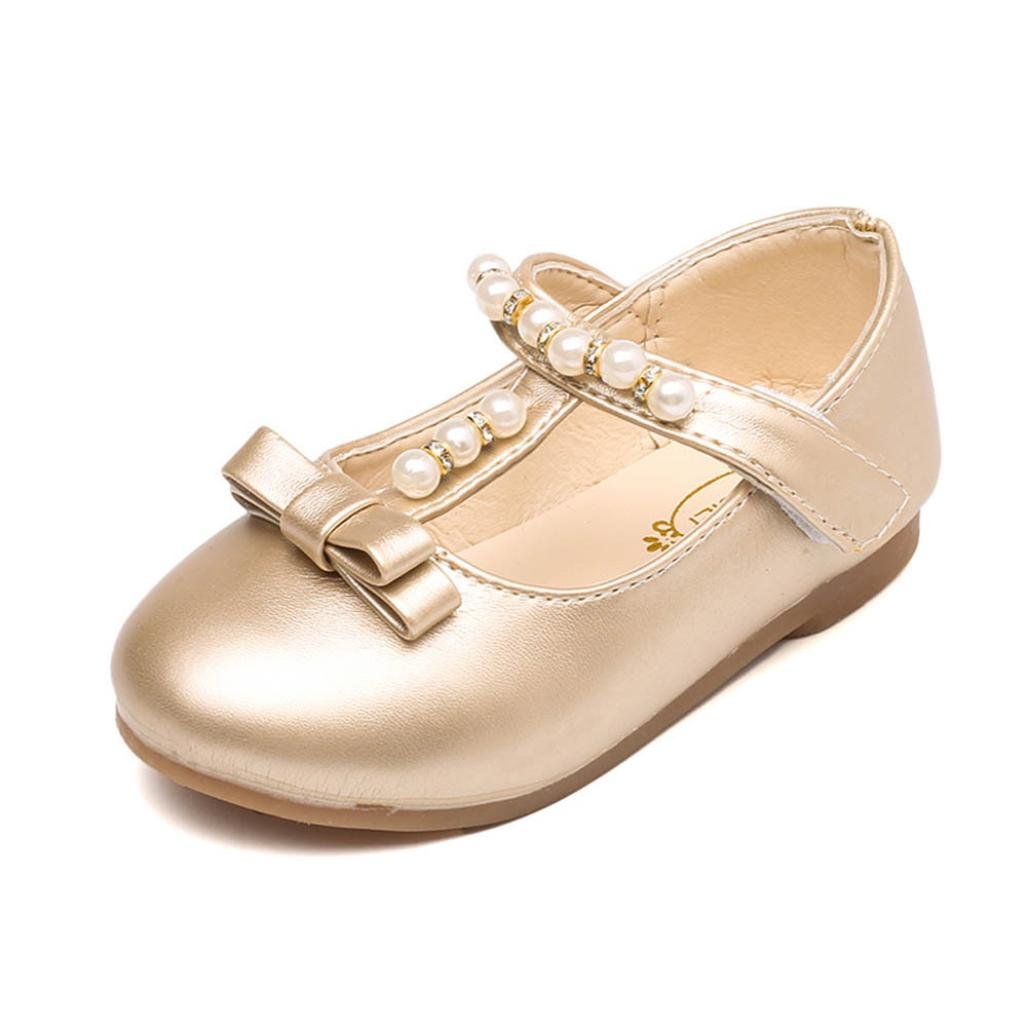 ZJENE Toddler Kids Girls Baby Beading Fashion Princess Bowknot Sandals Single Shoes First Walker Sneakers (34, Gold)
