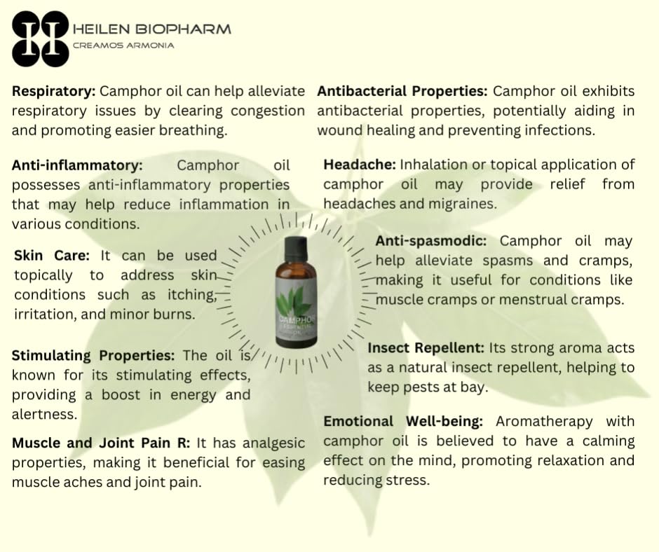 Image of Heilen Biopharm Camphor Essential Oil - 100 mL Per Bottle Pack of 1, For Aromatheraphy & Insect Repellent (Cinnamomum camphora)