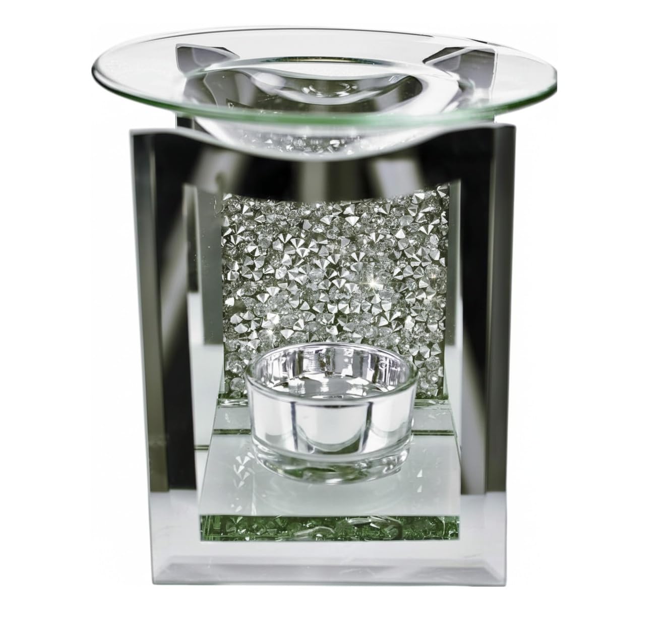 EagleWiz Diamante Crushed Jewel Tealight Wax Burner Silver With Mirror Crystal Glass Candle Tea light Holder