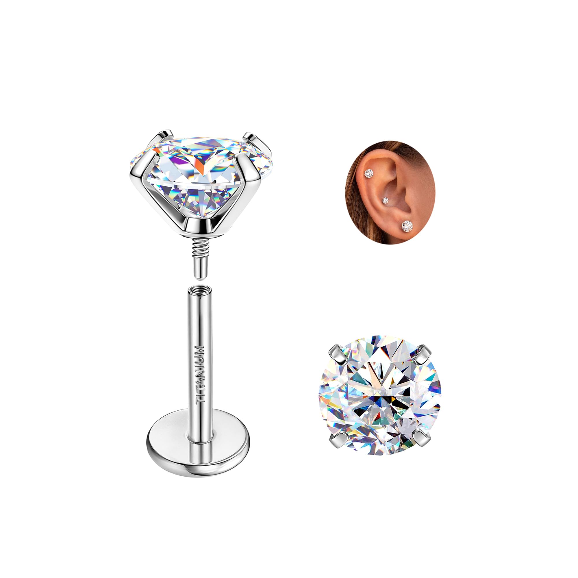 GEMQUEEN Moissanite Earrings G23 Titanium Extended Internal Thread Flat Back Earrings Hypoallergenic Tragus Cartilage Helix Conch Piercing Jewelry for
