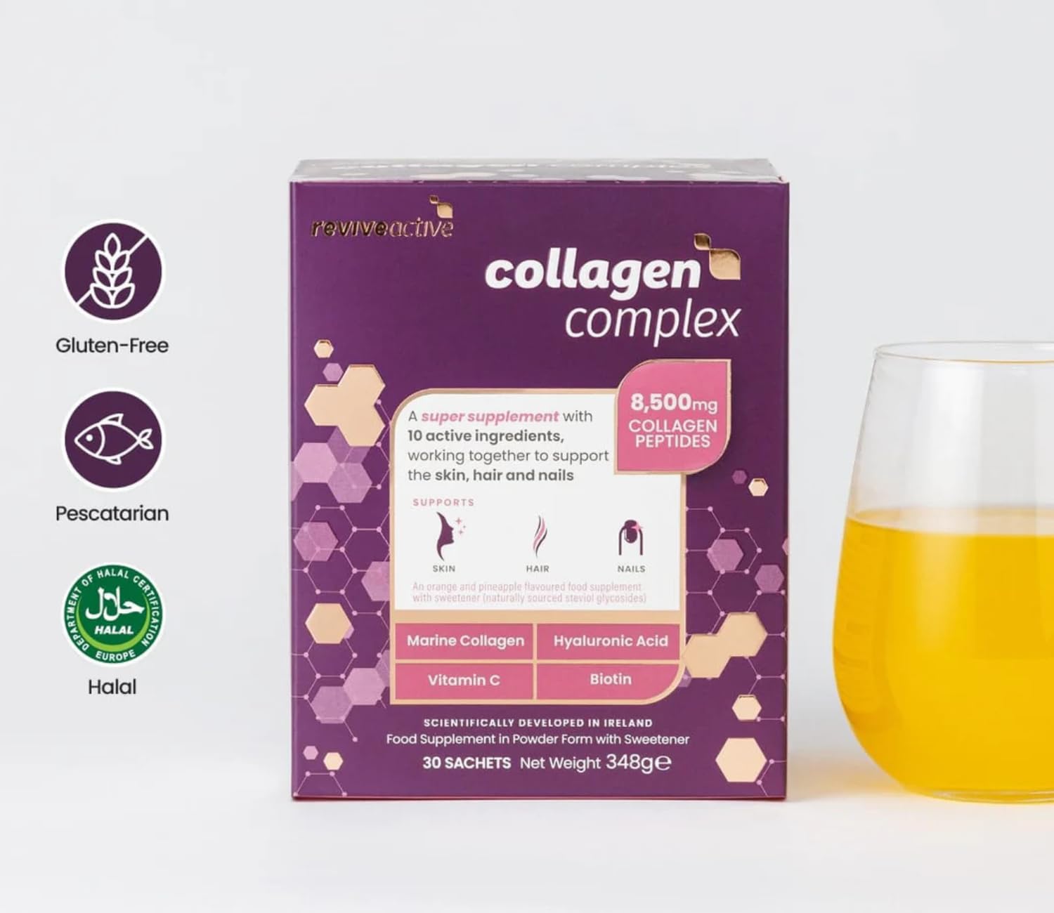 Revive Active Collagen Complex, 8 500 mg di collagene marino con acido ialuronico, 5 vitamine e 3 minerali per supportare pelle, capelli e unghie, 1 bustina al giorno, fornitura per 30 giorni