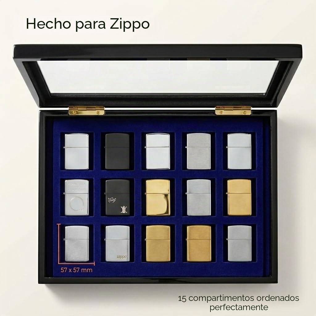 Safe 5901 Estuche de colección para 15 Compartimentos de encendedores ZIPPO | Inserto de Terciopelo Azul | Estuche con Cierre magnético Invisible | Dimensiones : 375 x 330 x 26 mm
