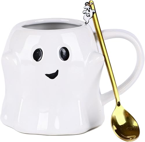 Taza de cerámica con forma de fantasma espeluznante, taza de café 3D de cerámica blanca de 14 onzas con asa y cuchara, perfecta para decoración de