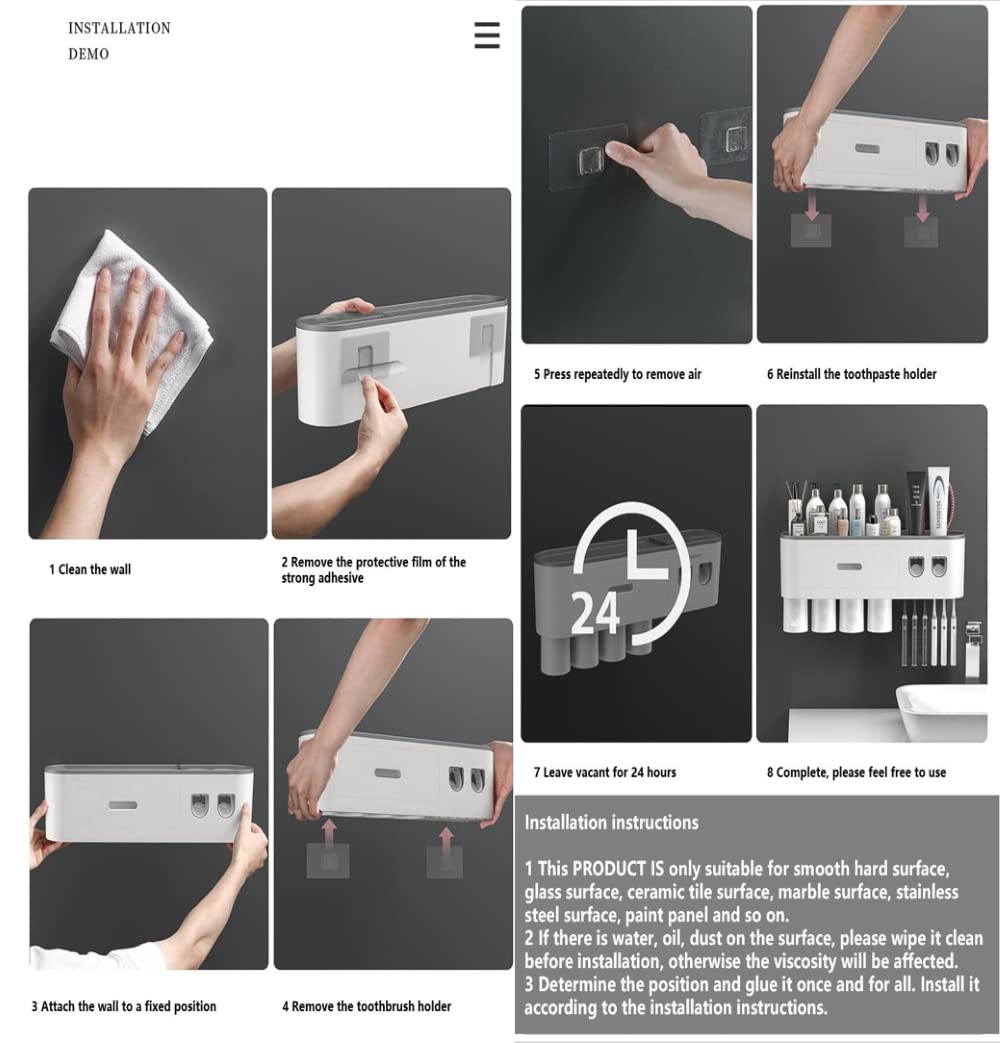 Automatic Toothpaste Dispenser Magnetic Toothbrush 2 Cups Holder 6 Toothbrush Hocks (2 Dispensers 2 Cups)