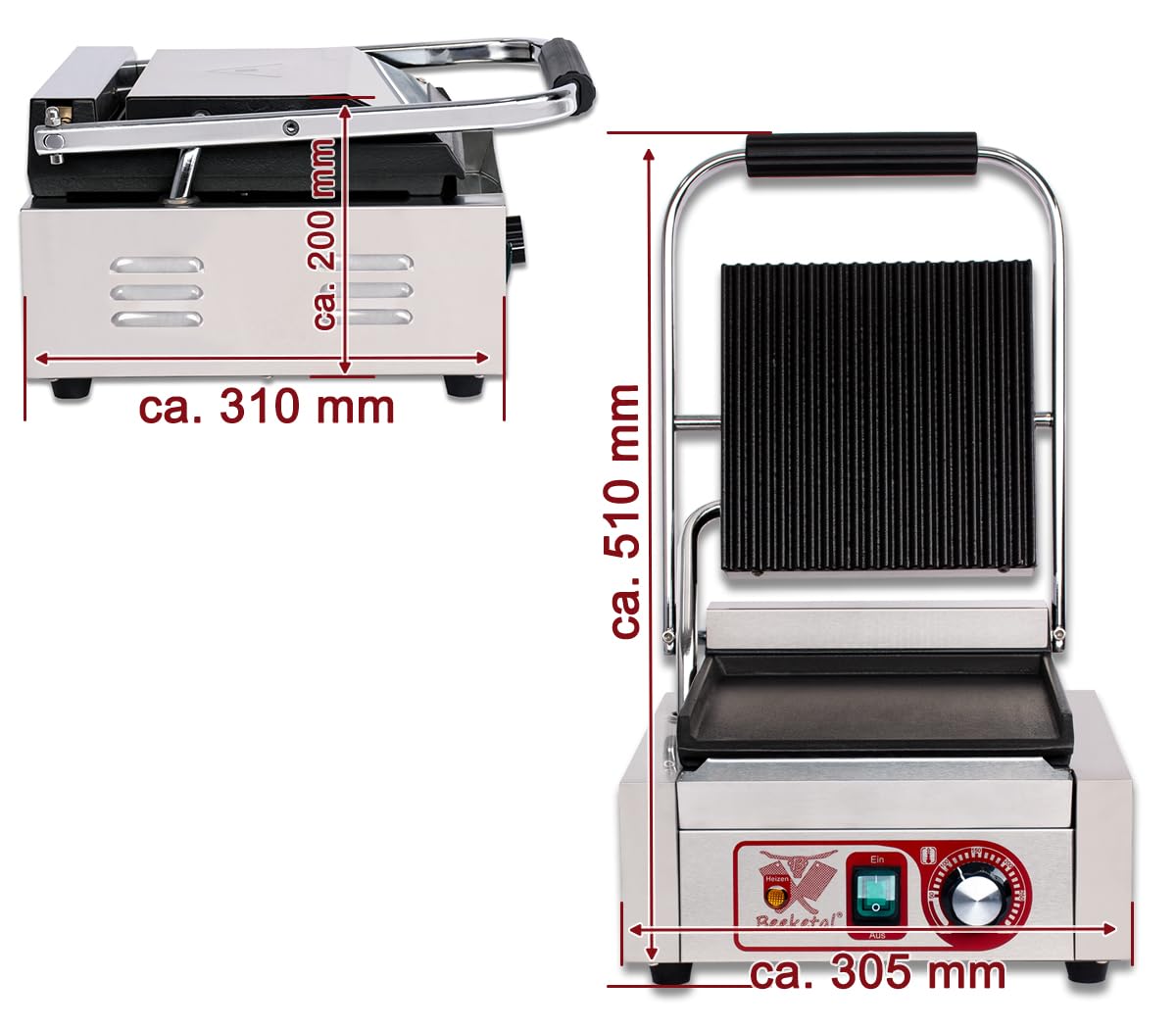 Beeketal 'BKG2' Gastro Kontaktgrill mit Gusseisen Grillpatten (oben gerillt unten glatt) mit Fettauffangschale, Profi Edelstahl Elektrogrill ideal als Panini Grill Maker oder Sandwich Toaster