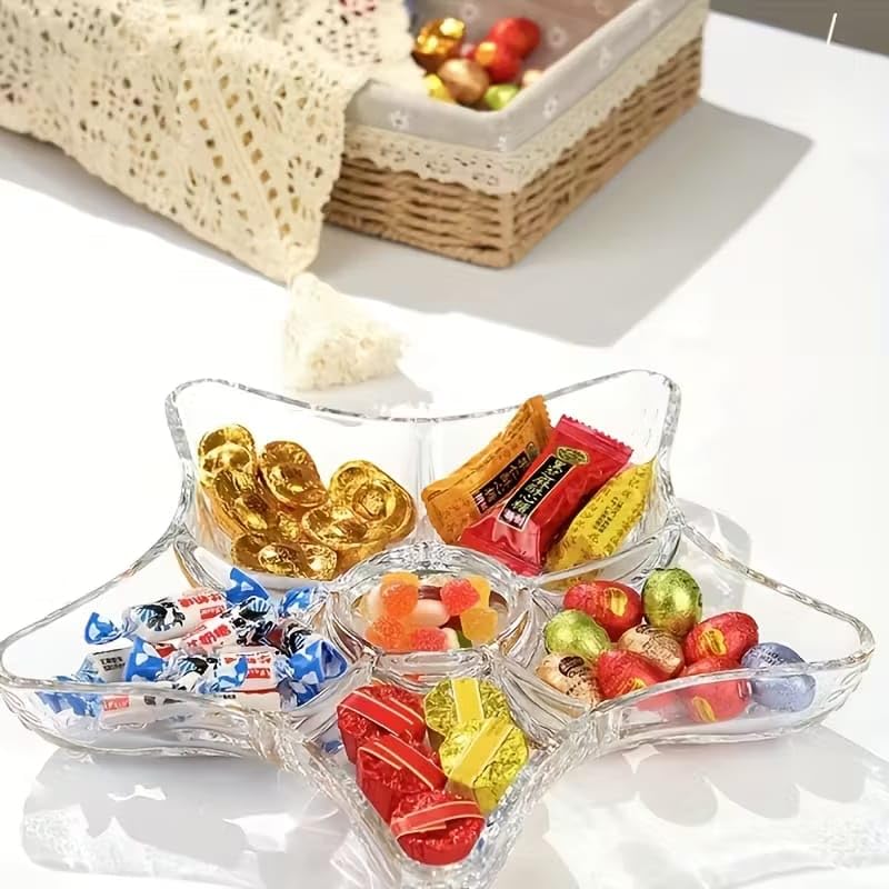 Image of PrimeWorld Star-Shaped Glass Serving Platter Set - 2 Pc | Multi-Compartment Snack & Candy Tray for Living Room Coffee Table | Ideal for Nuts, Fruits, Dry Snacks, Appetizers & Desserts