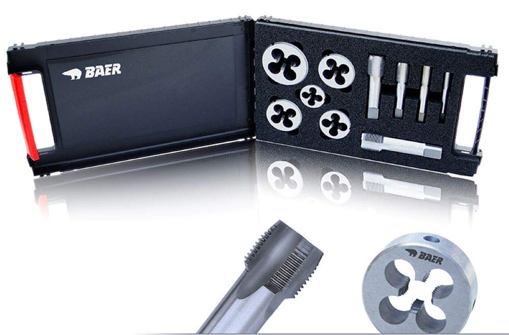 BAER - Set di maschi filettati HSSG: Filiere: G(BSP) 1/8" – 3/4" – Maschio filettato + filettatura per tubo – Filettatura interna + esterna