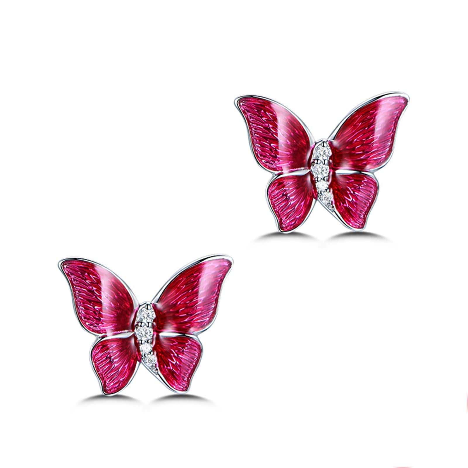 Diamant-Ohrringe für Damen, Ohrringe aus 18-karätigem Weißgold mit Emaille-Schmetterling und Diamant-Ohrringen