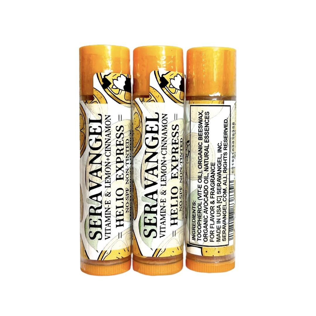 Helio Express Lip Moisturizing Balm, Vitamin E, Lemon + Cinnamon Flavor, Beeswax, 100% Natural, No SPF, Non-Tinted, 3 Pack