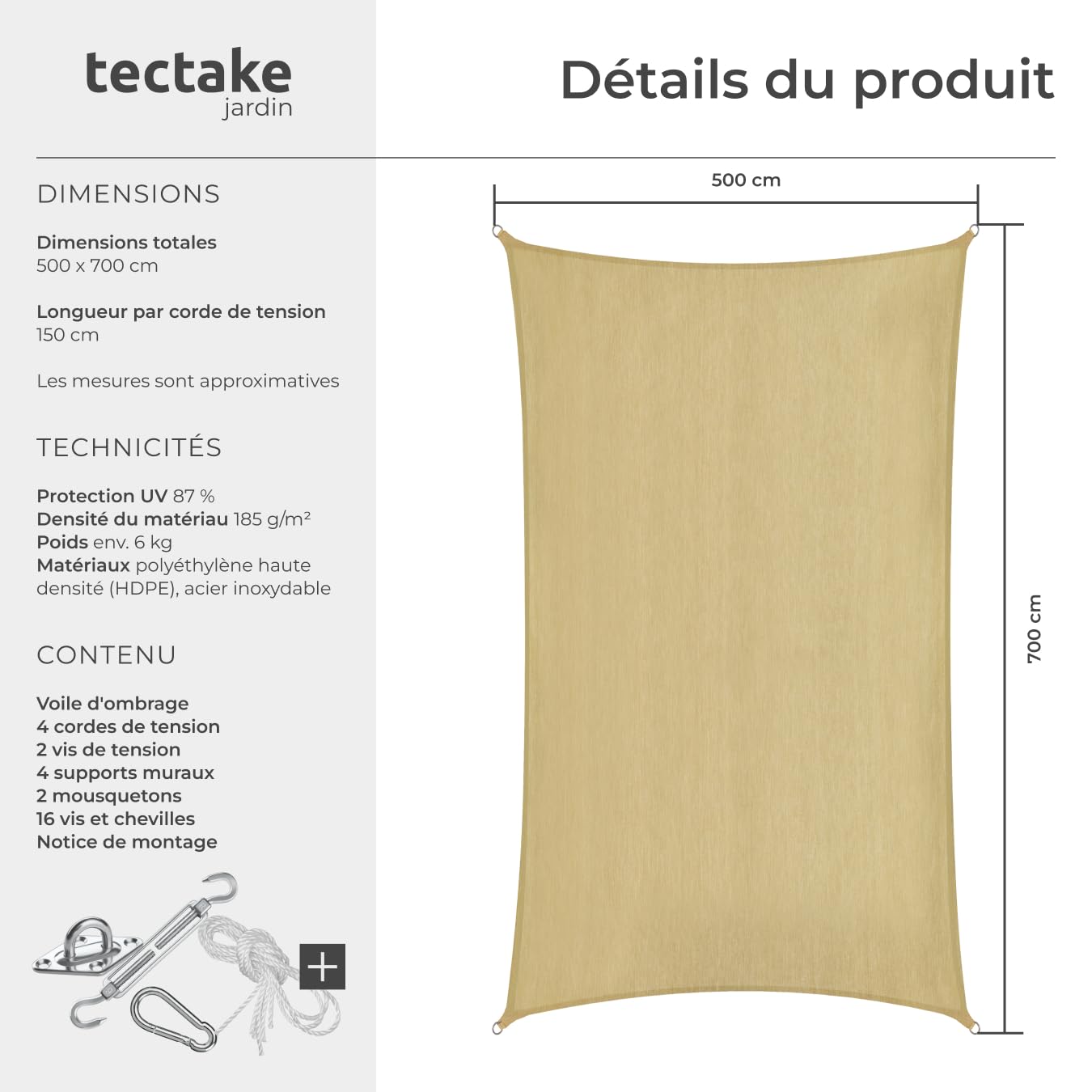 tectake® Voile d'ombrage 5x7m Résistante & Respirante Protection UV 87% Bache Anti UV Toile ombrage Exterieur Toile Tendue 185 g/m² avec Câbles de Tension pour Balcon Terrasse Exterieur Piscine Patio